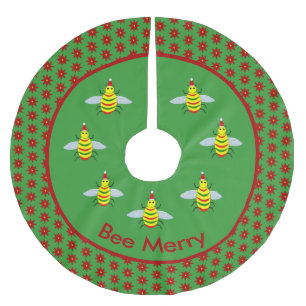 Jupon De Sapin En Polyester Brossé Jolie abeille de Noël et fleurs de Poinsettia