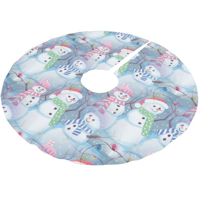 Jupon De Sapin En Polyester Brossé Jolie saison hivernale Snowmen Aquarelle Art (Angle)