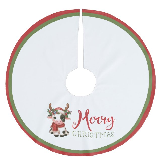 Jupon De Sapin En Polyester Brossé Jolie vache de Noël mignonne (Devant)