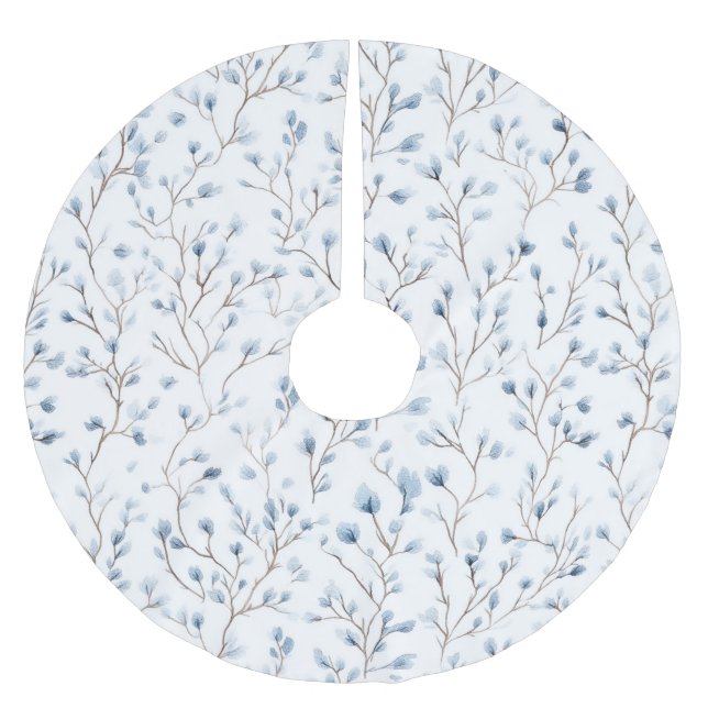 Jupon De Sapin En Polyester Brossé Jolies Fleurs Blanches Bleues de Noël (Devant)