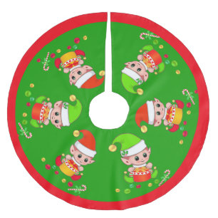 Jupon De Sapin En Polyester Brossé Jolis lutins de Noël sur fond vert