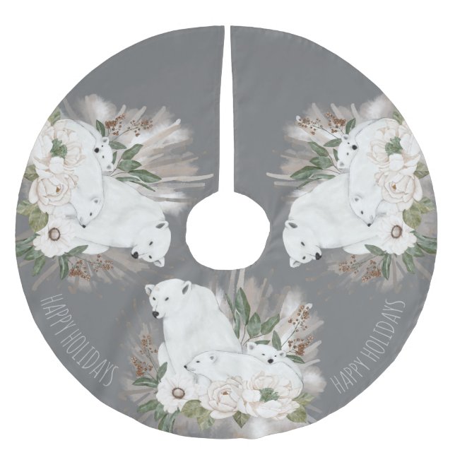 Jupon De Sapin En Polyester Brossé Joyeuses fêtes Elégant ours gris et blanc polaire (Devant)