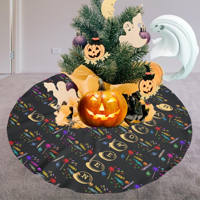 Jupon De Sapin En Polyester Brossé Joyeux Lollipops d'Halloween et Motif de bonbons (Happy Halloween Lollipops and Candy Pattern Brushed Polyester Tree Skirt)