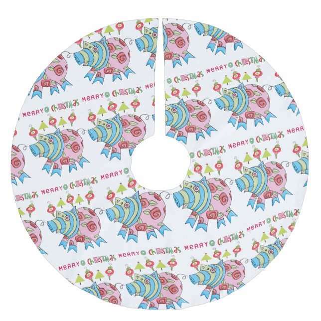 Jupon De Sapin En Polyester Brossé Joyeux Noël arbre cochon rose cochon cochon (Devant)