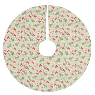 Jupon De Sapin En Polyester Brossé Joyeux Noël Élégant Rouge et Vert Houx Baie