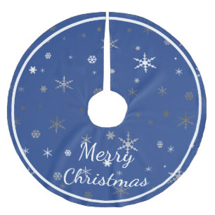 Jupon De Sapin En Polyester Brossé Joyeux Noël en bleu avec des flocons de neige