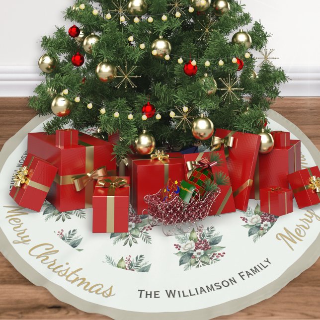 Jupon De Sapin En Polyester Brossé Joyeux Noël hiver verdure Botanique sur mesure (An elegant personalized Christmas tree skirt, patterned with flowers, greenery and berries)