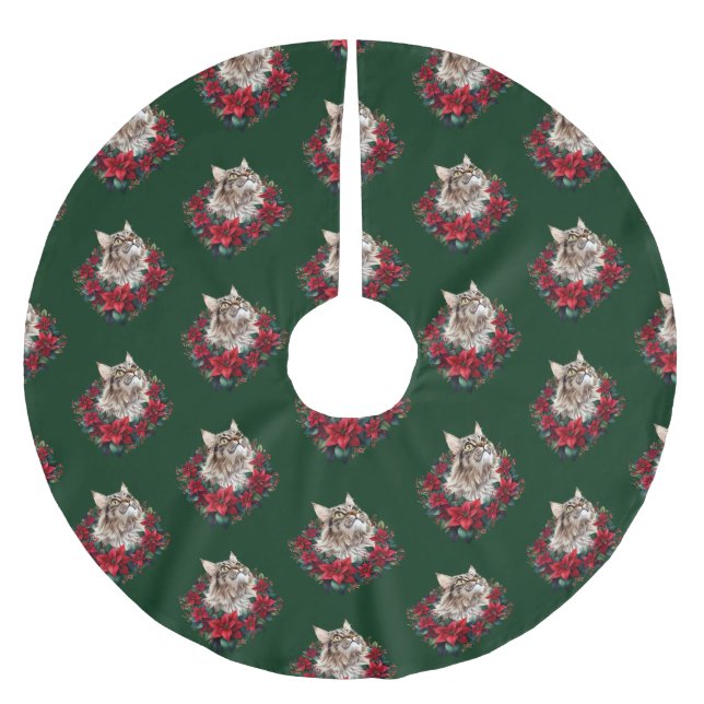 Jupon De Sapin En Polyester Brossé Joyeux Noël Maine Coon Chat  (Devant)