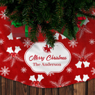 Jupon De Sapin En Polyester Brossé Joyeux Noël Rouge Motif Noël Bell