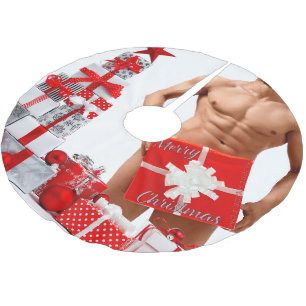 Jupon De Sapin En Polyester Brossé Joyeux Noël SlipperyJoe rouge blanc argent cadeau