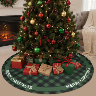 Jupon De Sapin En Polyester Brossé Joyeux Noël vert et noir Buffalo Plaid sur mesure