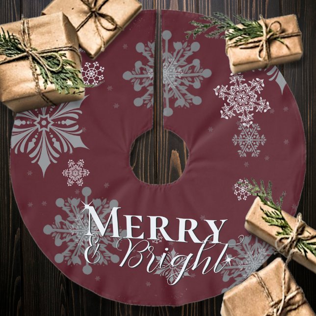 Jupon De Sapin En Polyester Brossé Joyeux rouge et flocon de neige brillant Noël (Red Merry and Bright Snowflakes Christmas Tree Skirt)