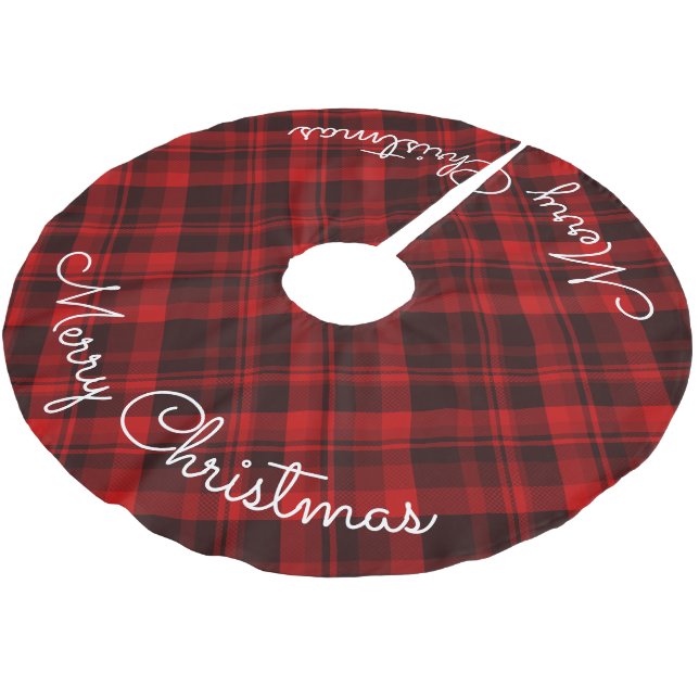 Jupon De Sapin En Polyester Brossé Joyeux Tartan rouge plaid Noël (Angle)