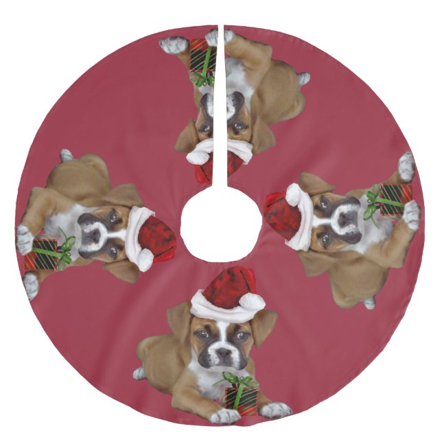 Jupon De Sapin En Polyester Brossé Jupe d'arbre de chiot de boxeur de Noël (Devant)