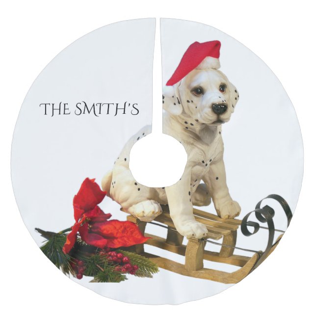 Jupon De Sapin En Polyester Brossé Jupe de Noël Dalmation, nom de famille personnalis (Devant)