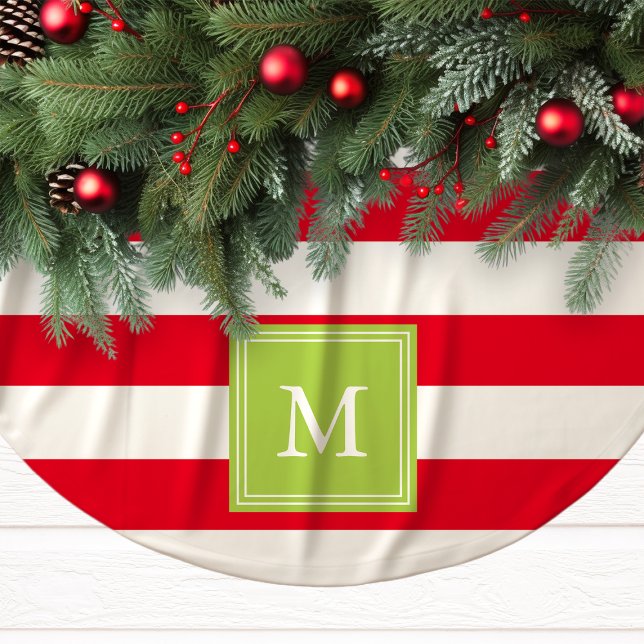 Jupon De Sapin En Polyester Brossé Jupe de sapin rayée monogramme rouge et vert (Créateur téléchargé)