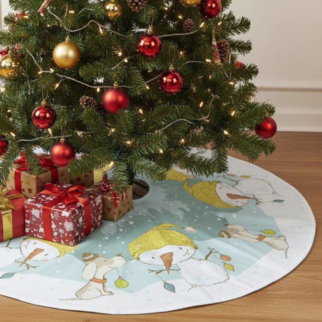 Jupon De Sapin En Polyester Brossé Jupe Petit Snowman Tree (little snowman and dog tree skirt)