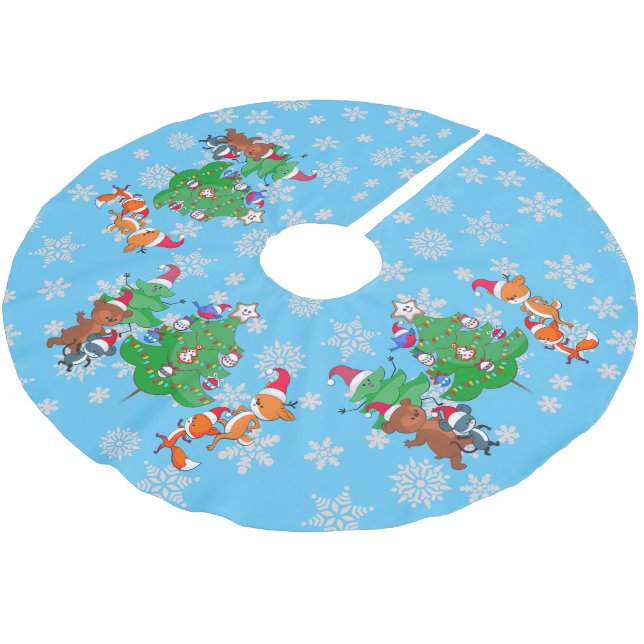 Jupon De Sapin En Polyester Brossé Kawaii Animaux Danse Arbre de Noël Neige Bleu (Angle)