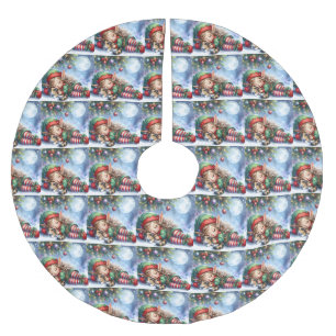 Jupon De Sapin En Polyester Brossé L'elfe de Noël endormi avec un chaton calicot