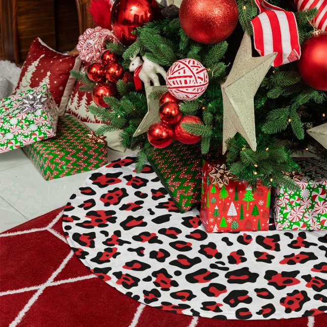 Jupon De Sapin En Polyester Brossé Léopard noir blanc et rouge (Black White and Red Leopard Spot Brushed Polyester Tree Skirt)
