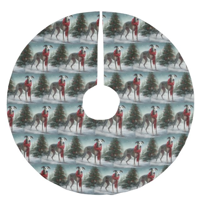 Jupon De Sapin En Polyester Brossé Lévrier dans la neige de Noël  (Devant)