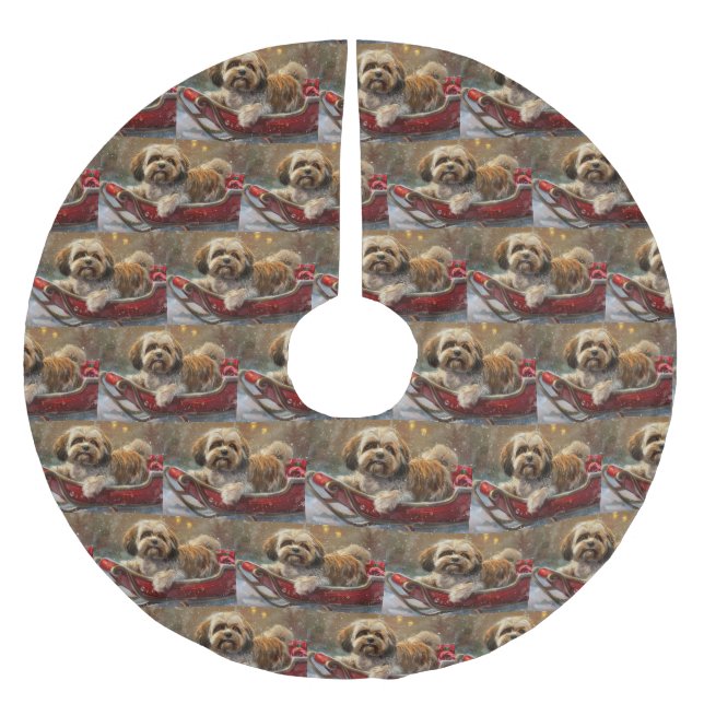 Jupon De Sapin En Polyester Brossé Lhasa Apso Chien Fête de Noël (Devant)