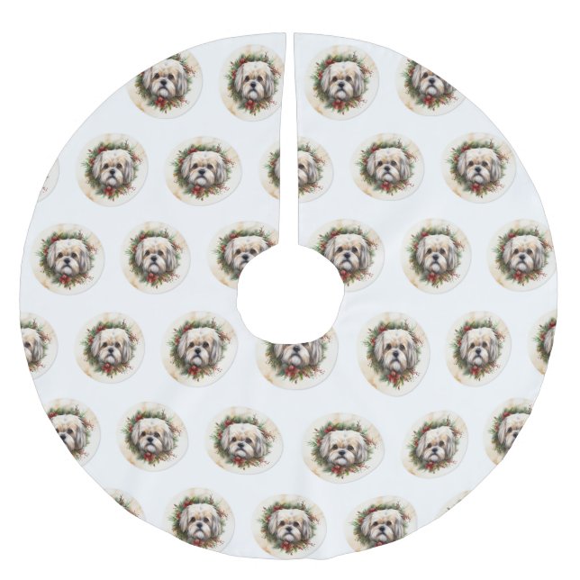 Jupon De Sapin En Polyester Brossé Lhasa Apso Christmas Wreath Festive Pup (Devant)