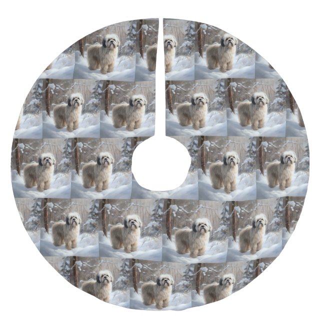 Jupon De Sapin En Polyester Brossé Lhassa Apso Laisse Neige Noël (Devant)