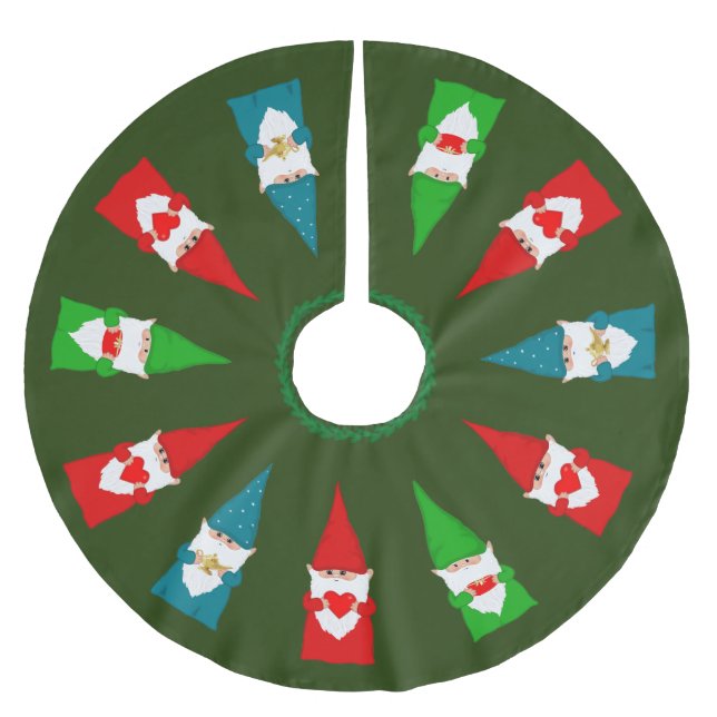 Jupon De Sapin En Polyester Brossé Lutins de Noël sur fond vert forêt (Devant)