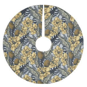 Jupon De Sapin En Polyester Brossé Luxe Elegant Or N' Black Tropical Flowers