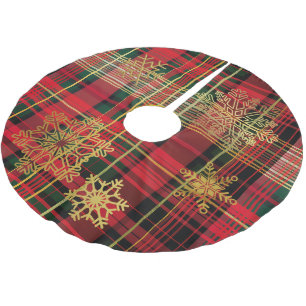 Jupon De Sapin En Polyester Brossé Luxueux Tartan Rouge, Vert et Or Noël