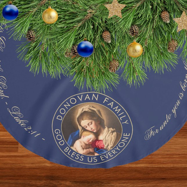 Jupon De Sapin En Polyester Brossé Madone religieuse et Bible de l'enfant Verse Noël (Religious Christmas tree skirt with Bible verse and Madonna and Child in navy blue and gold)