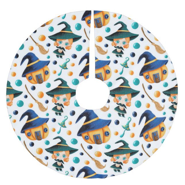 Jupon De Sapin En Polyester Brossé Maison de sorcières aux citrouilles mignonnes (Devant)