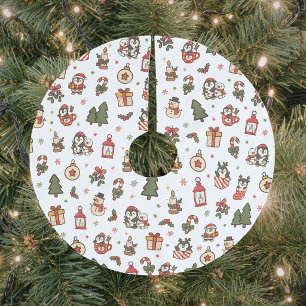 Jupon De Sapin En Polyester Brossé Manchots de Noël Rouge Vert