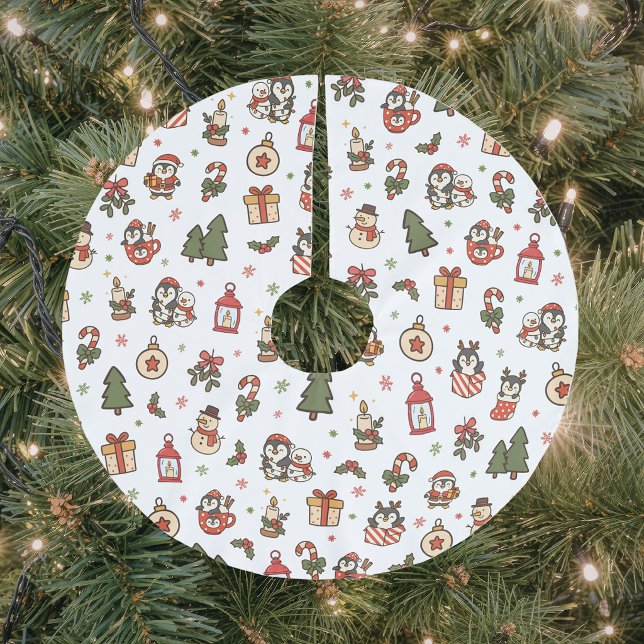 Jupon De Sapin En Polyester Brossé Manchots de Noël Rouge Vert  (Créateur téléchargé)
