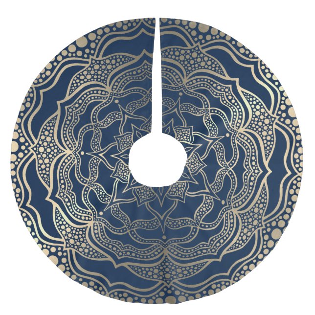 Jupon De Sapin En Polyester Brossé Mandala Art Boho Elegant Gold Navy Bleu Noël (Devant)