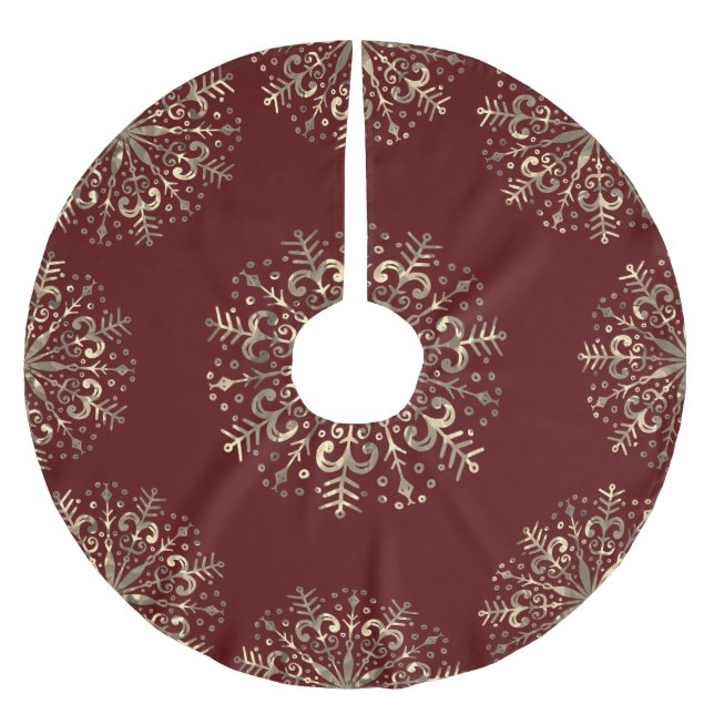 Jupon De Sapin En Polyester Brossé Mandala Snowflake Gold Bourgogne rouge (Devant)