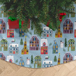 Jupon De Sapin En Polyester Brossé Mignonne Winter House Village Scène Motif de Noël<br><div class="desc">Cette jolie illustration de charme présente des peintures blanches originales peintes à la main d'un chalet de ski alpin de village d'hiver et des enfants hiver amusant Noël dans la nature avec paysage de montagne de neige blanche, de minuscules maisons, des flocons de neige, des pins et un étang glacé...</div>