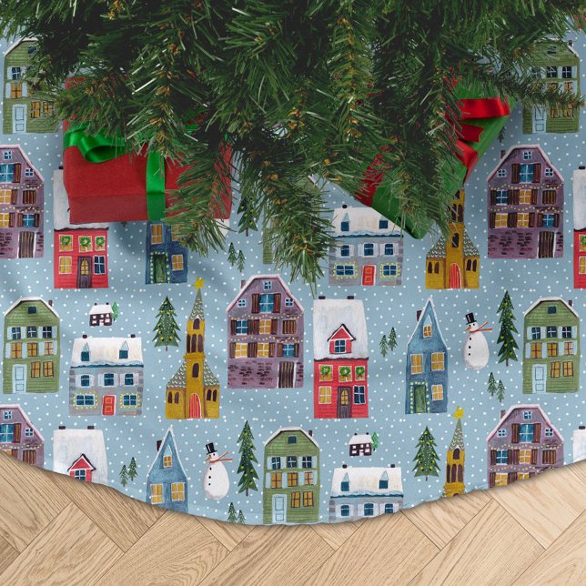 Jupon De Sapin En Polyester Brossé Mignonne Winter House Village Scène Motif de Noël (Cute Winter House Village Scene Christmas Pattern Brushed Polyester Tree Skirt)
