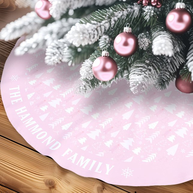 Jupon De Sapin En Polyester Brossé Minuscules arbres roses Nom de famille Arbre Jupe (Cute Tiny Pink Trees Family Name Tree Skirt)