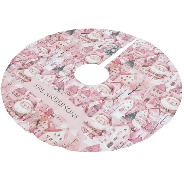 Jupon De Sapin En Polyester Brossé Modern Cute Pink Town Santa Christmas Tree Skirt (Angle)