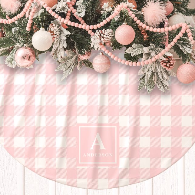 Jupon De Sapin En Polyester Brossé Monogramme à carreaux gingham rose et blanc (Créateur téléchargé)