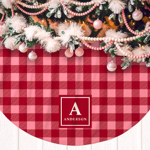 Jupon De Sapin En Polyester Brossé Monogramme à carreaux Gingham rose et rouge