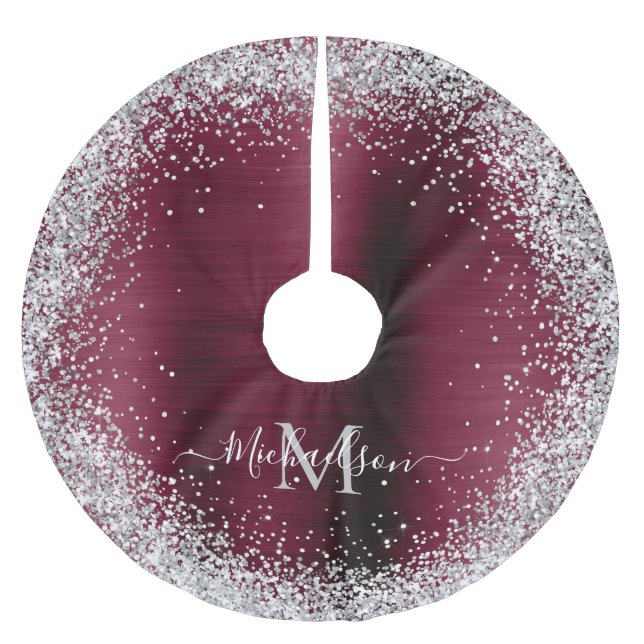 Jupon De Sapin En Polyester Brossé Monogramme Burgundy Parties scintillant argent Gla (Devant)