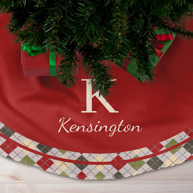 Jupon De Sapin En Polyester Brossé Monogramme de Noël Russe Rouge Vert Jacquard (Rustic Red Green Argyle Christmas Monogram Brushed Polyester Tree Skirt)