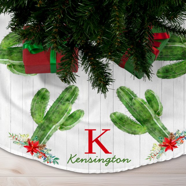 Jupon De Sapin En Polyester Brossé Monogramme de Noël rustique Cactus Sud-Ouest (Rustic Christmas Cactus Southwestern Monogram Brushed Polyester Tree Skirt)