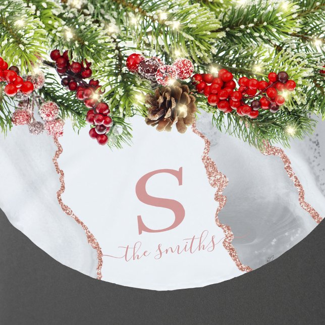 Jupon De Sapin En Polyester Brossé Monogramme Elegant Blanc Agate & Rose Or Noël (Monogram Elegant White Agate & Rose Gold Christmas Brushed Polyester Tree Skirt
)