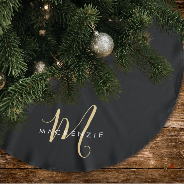 Jupon De Sapin En Polyester Brossé Monogramme élégant moderne noir or écriture (Créateur téléchargé)