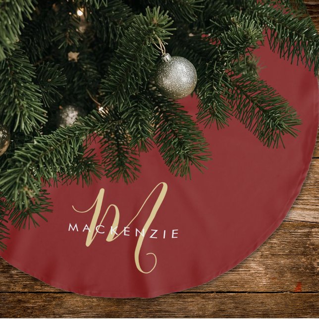 Jupon De Sapin En Polyester Brossé Monogramme élégant moderne rouge or écriture (Créateur téléchargé)