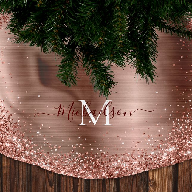 Jupon De Sapin En Polyester Brossé Monogramme Rose Gold Faux-Parties scintillant Girl (Rose Gold Glitter Monogram Christmas Tree Skirt)